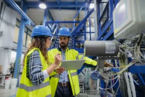 Techniciens qui font un entretien sécurisé des machines