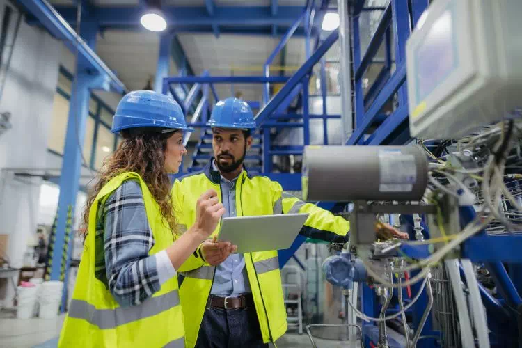 Techniciens qui font un entretien sécurisé des machines