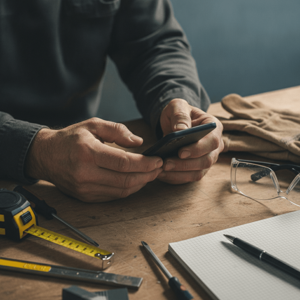Mains d'artisan tenant smartphone entouré d'outils de travail sur établi pour gestion d'activité